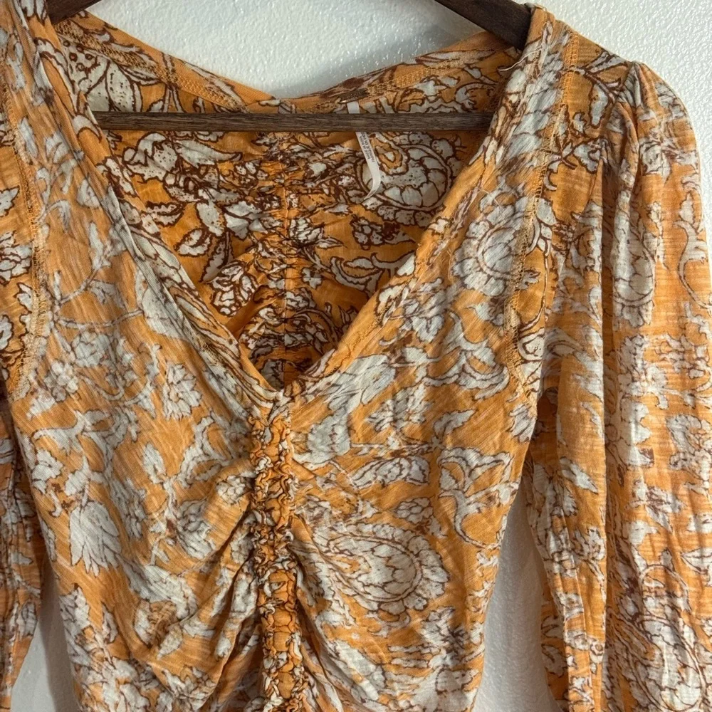 Free People Say The Word Top XS – Blood Orange Floral Ruched Blouse